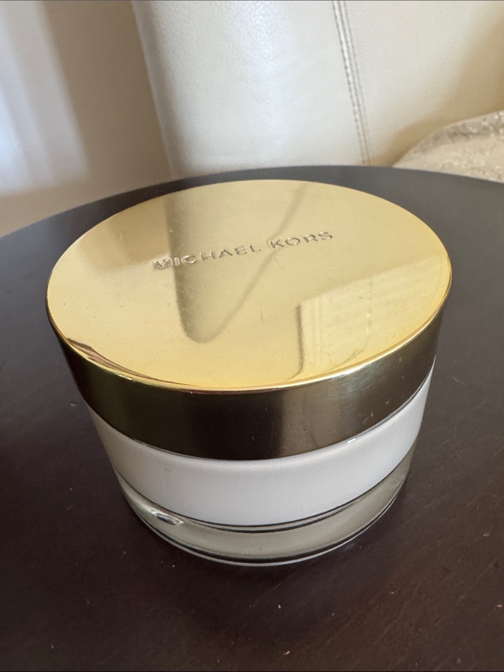 Michael Kors Gold and White Glass Decorative Jar with Brushed Lid